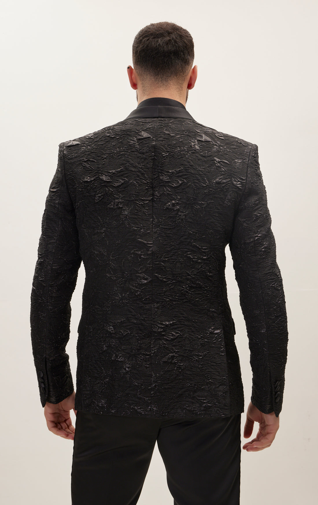 Embroidered Quilt Patterns Shawl Lapel Tuxedo Jacket - Black Silver