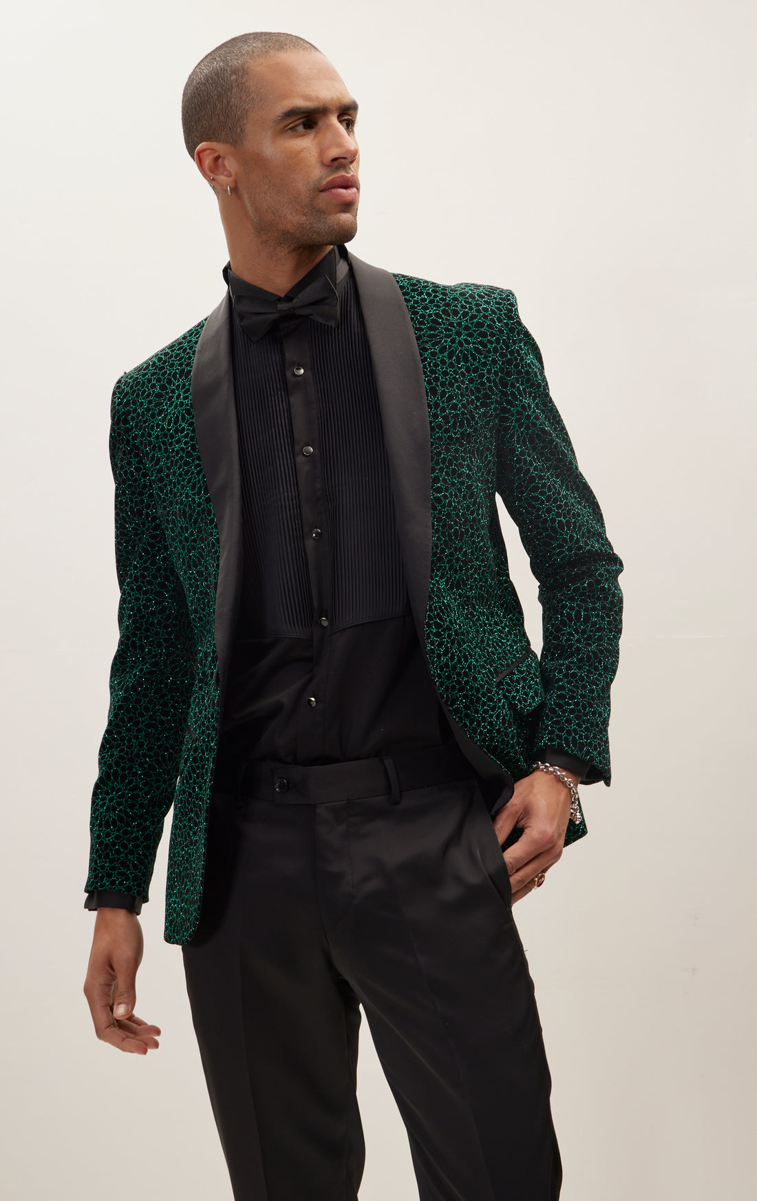 R Sacred Geometry Infinity Pattern Shawl Lapel Tuxedo Jacket - Black Green