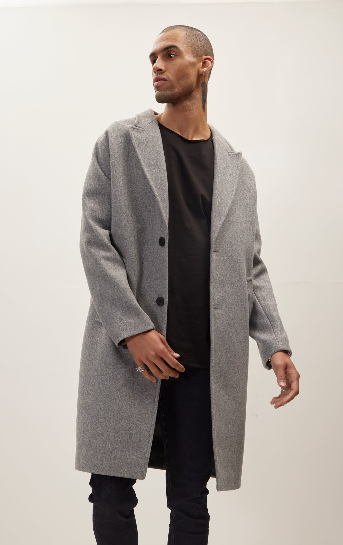 Long Fitted Pea Coat With Notch Lapel - Grey