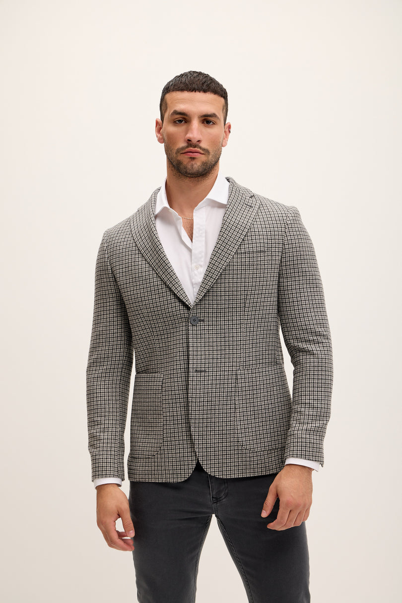 Men's Windowpane Wool Patch Pocket Blazer - Grey | Ron Tomson