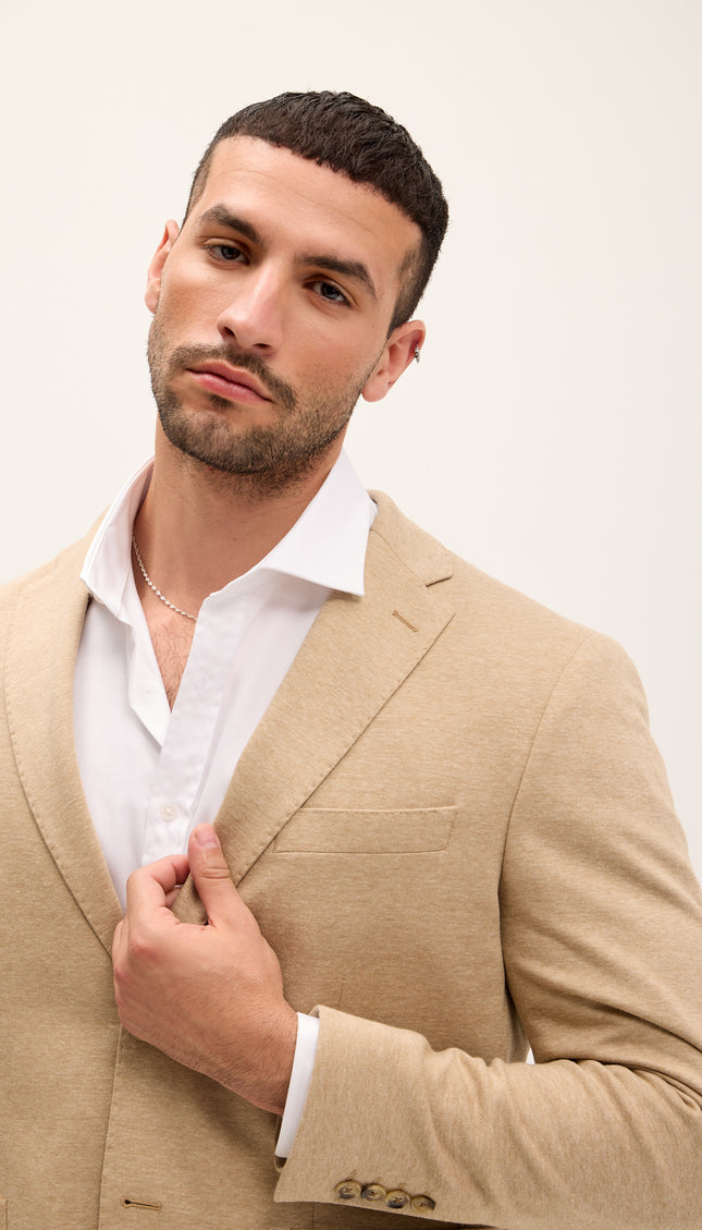 Tailored Fit Patch Pocket Jacket in Cotton Blend - Light Brown