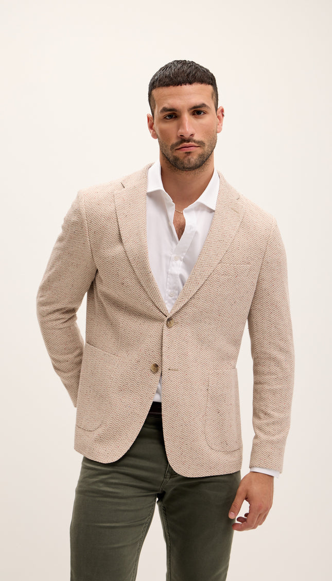 Tailored Fit Patch Pocket Jacket in Cotton Blend - Beige Brown
