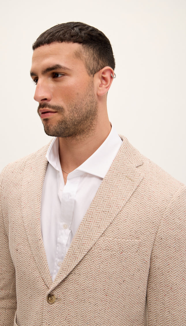 Tailored Fit Patch Pocket Jacket in Cotton Blend - Beige Brown