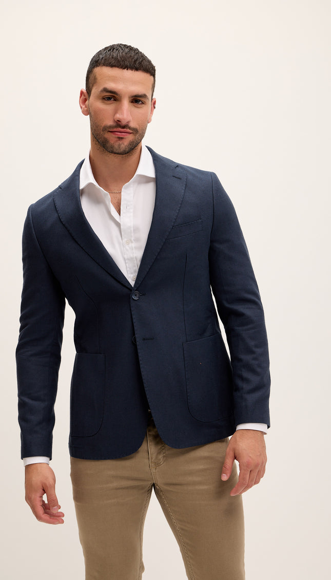 Tailored Fit Patch Pocket Jacket in Cotton Blend - Navy