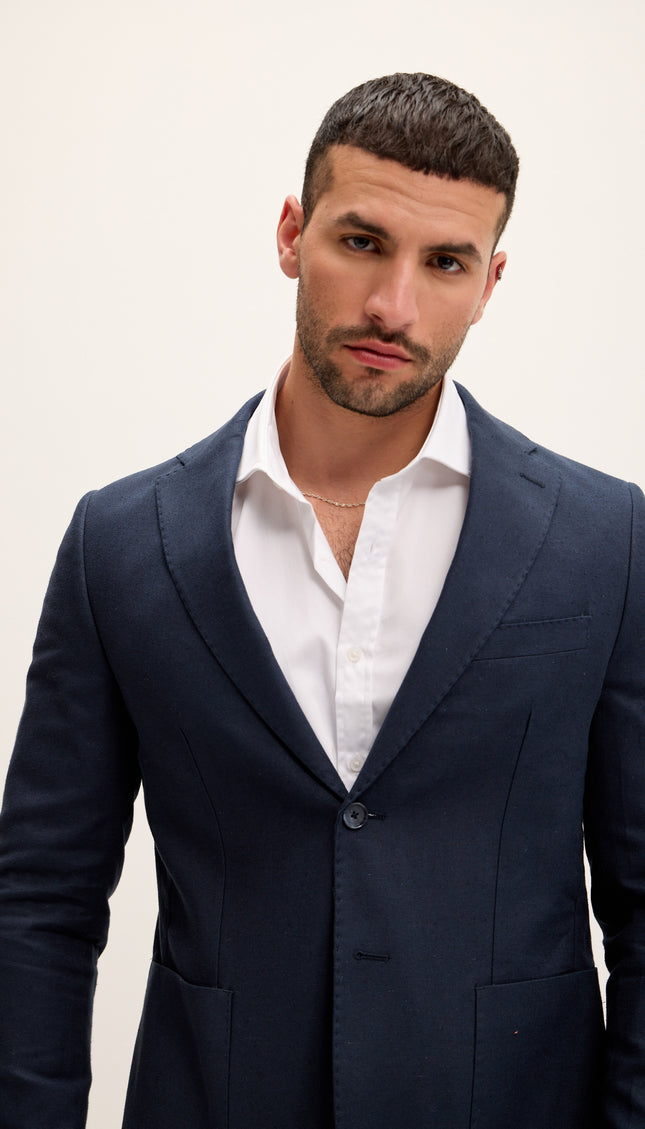 Tailored Fit Patch Pocket Jacket in Cotton Blend - Navy