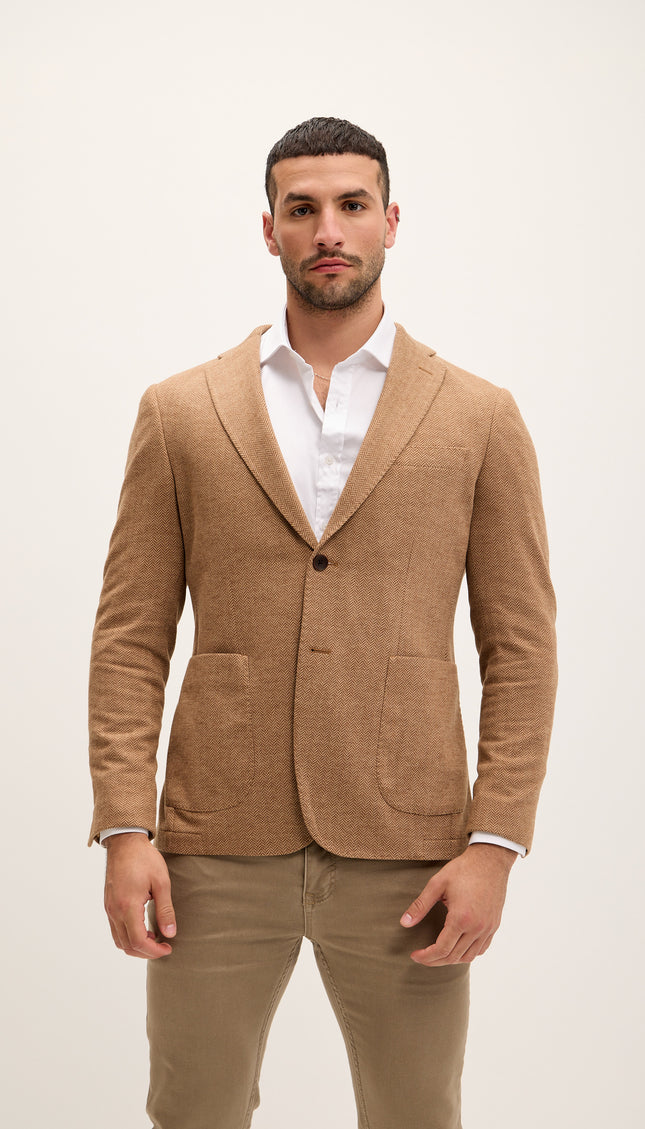 Tailored Fit Patch Pocket Jacket in Cotton Blend - Herringbone
