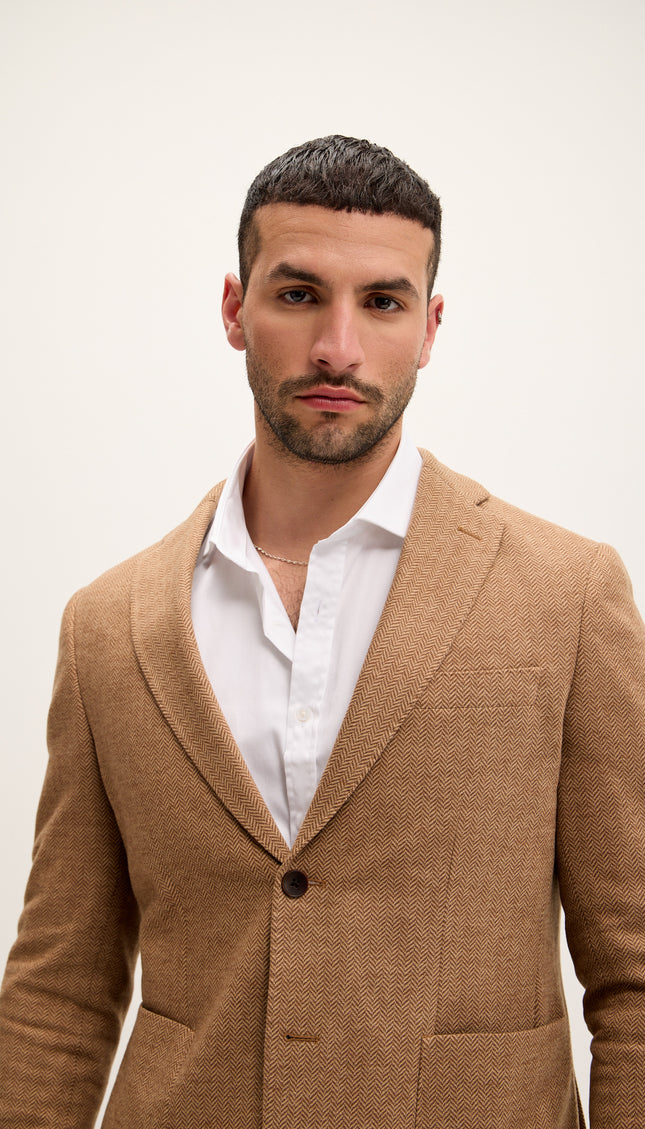Tailored Fit Patch Pocket Jacket in Cotton Blend - Herringbone