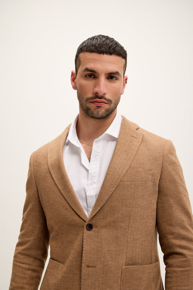 Men's Tailored Cotton Herringbone Blazer - Tan | Ron Tomson