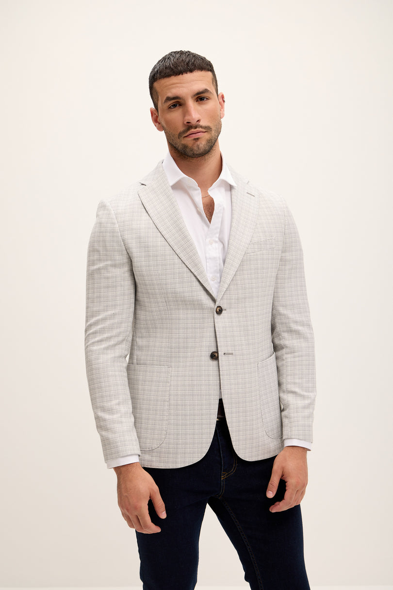 Men's Tailored Fit Patch Pocket Jacket in Cotton Blend - Grey Black | Ron Tomson