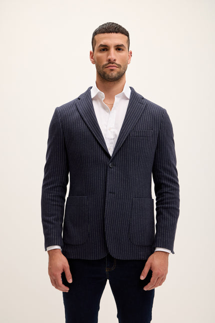 Men's Pinstripe Patch Pocket Blazer - Navy | Ron Tomson