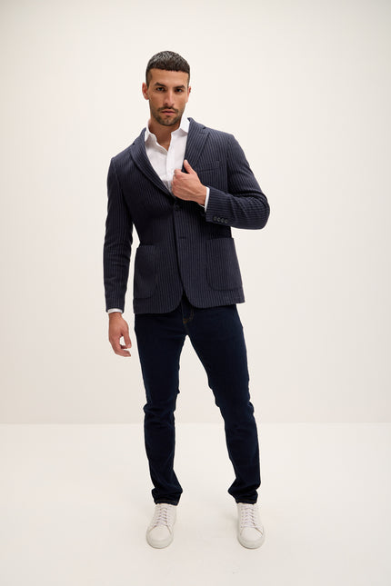 Men's Pinstripe Patch Pocket Blazer - Navy | Ron Tomson