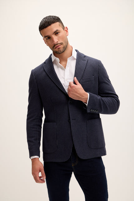 Men's Pinstripe Patch Pocket Blazer - Navy | Ron Tomson