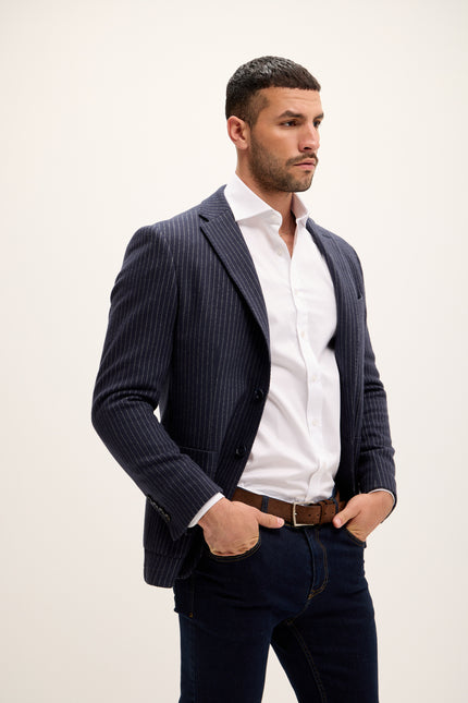 Men's Pinstripe Patch Pocket Blazer - Navy | Ron Tomson