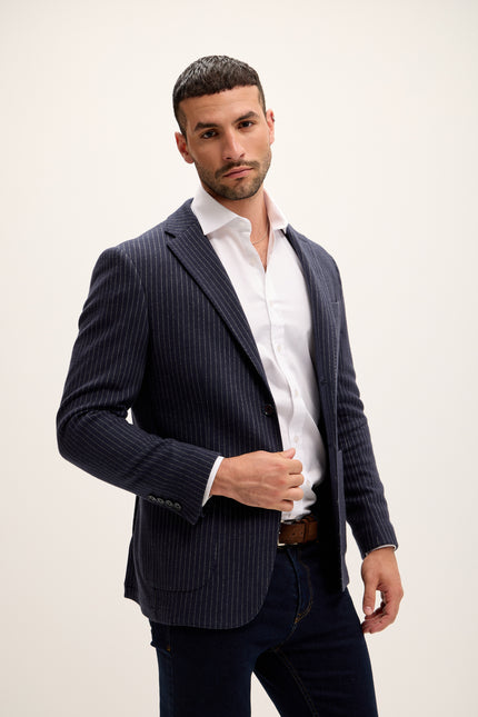 Men's Pinstripe Patch Pocket Blazer - Navy | Ron Tomson