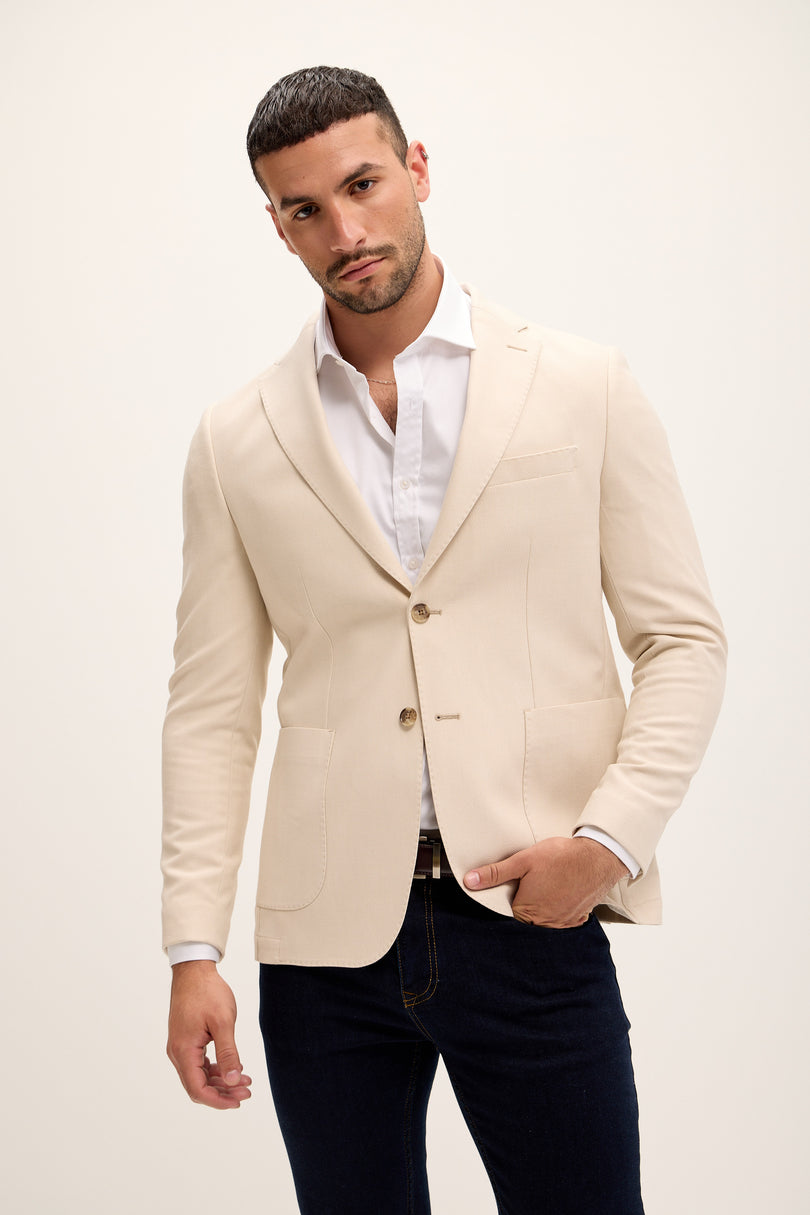 Men's Tailored Fit Patch Pocket Jacket - Cream | Ron Tomson