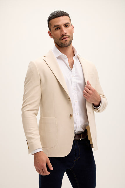 Men's Tailored Fit Patch Pocket Jacket - Cream | Ron Tomson