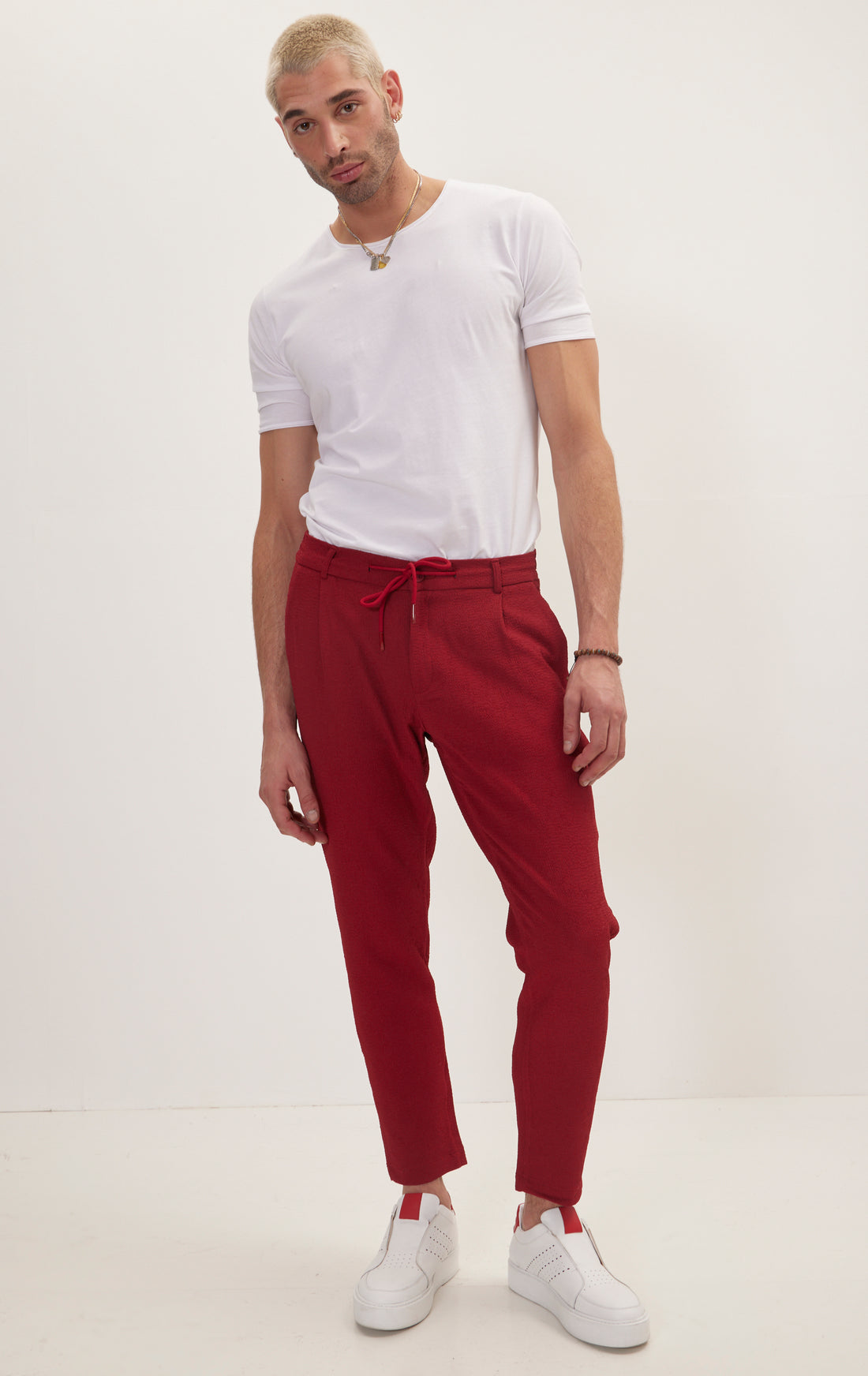Front Pleated Waffle Pants - Burgundy