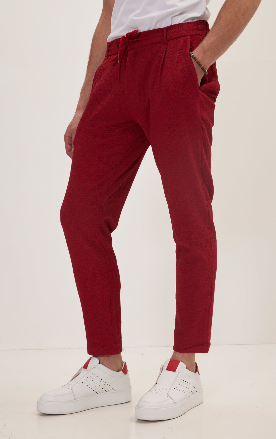 Front Pleated Waffle Pants - Burgundy