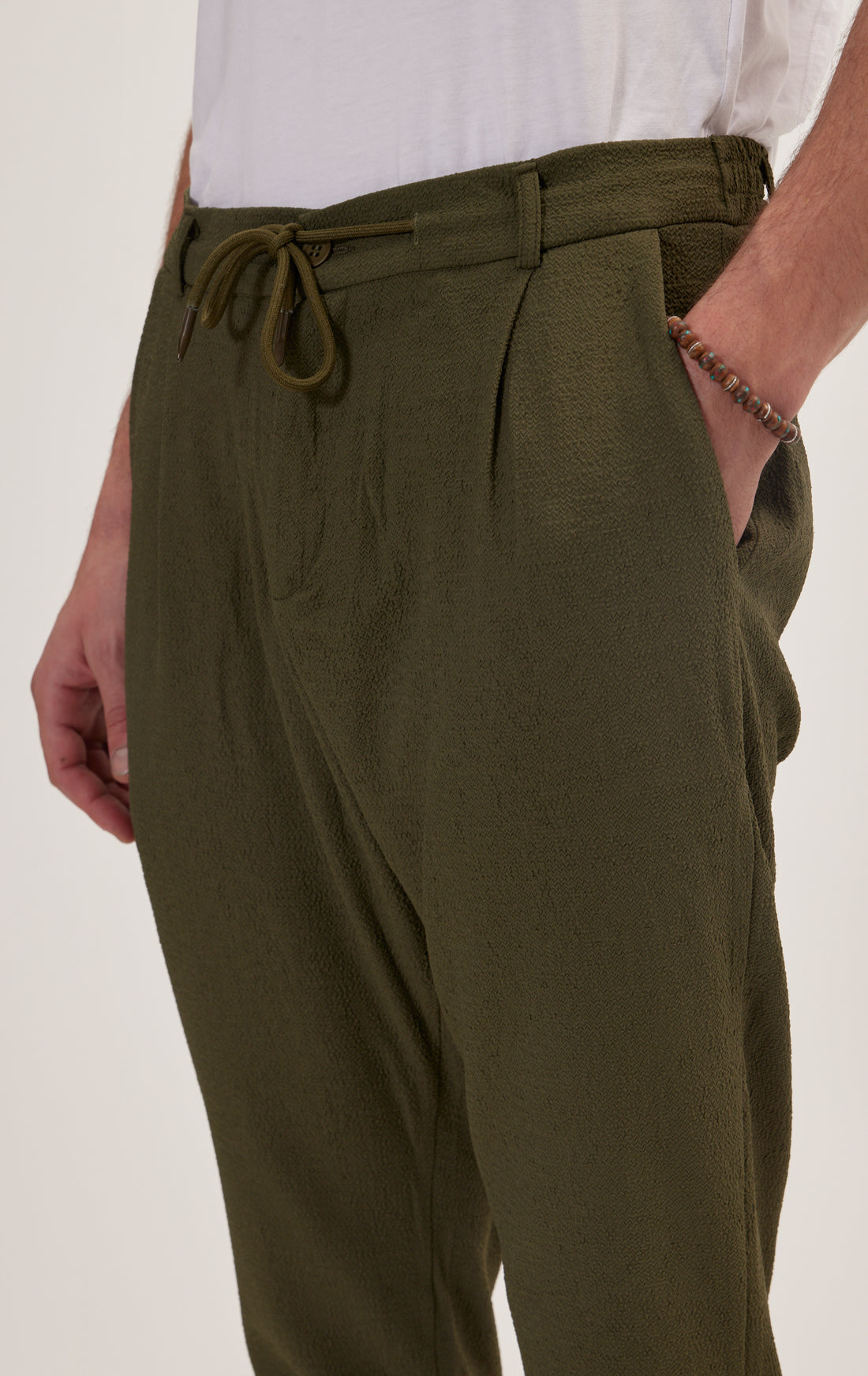 Front Pleated Waffle Pants - Green