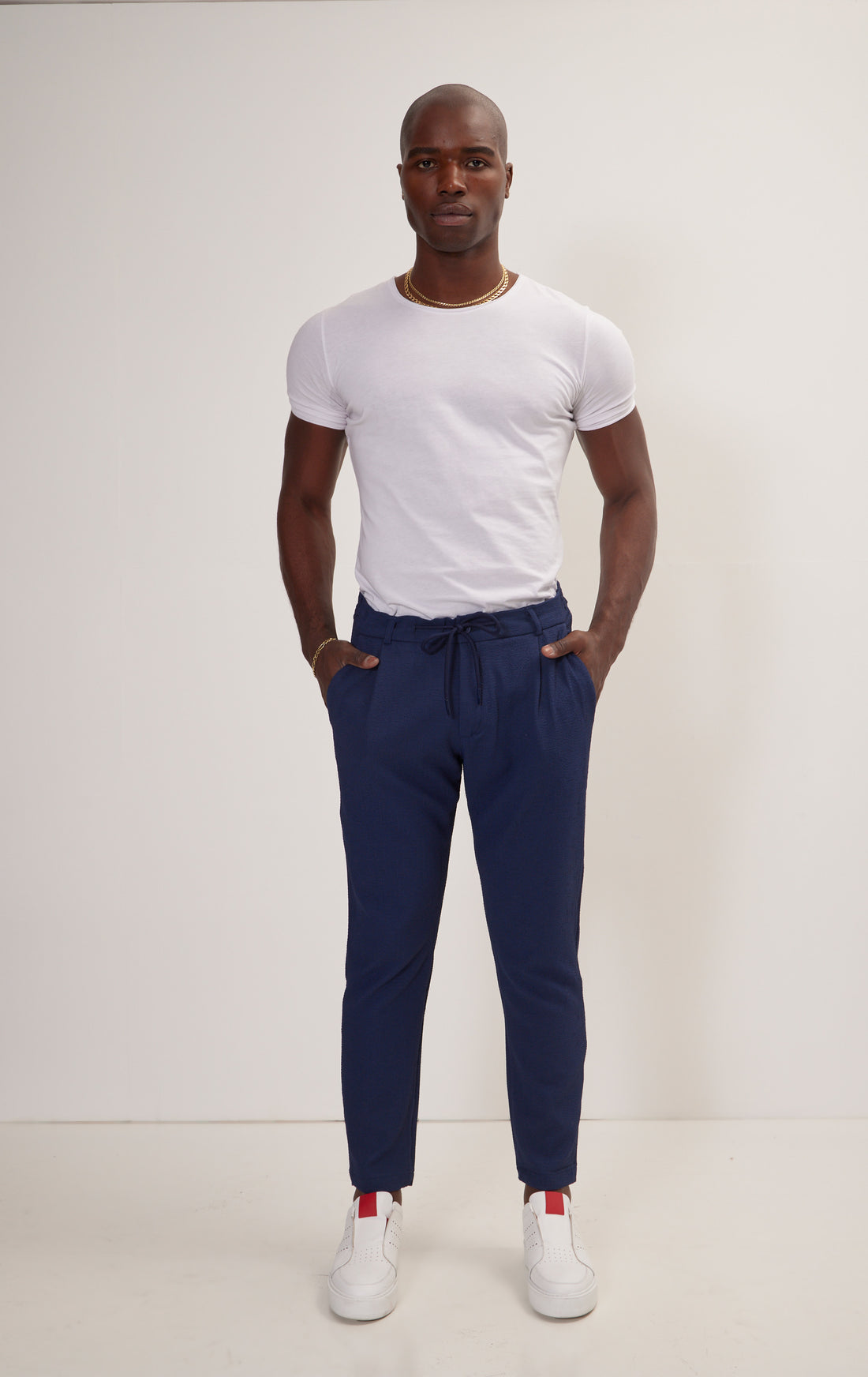 Front Pleated Waffle Pants - Navy