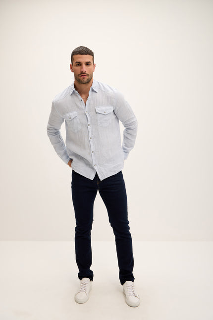 Men's Fitted Western Linen Shirt - Blue | Ron Tomson