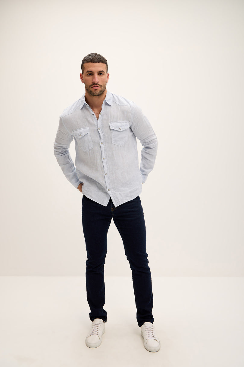 Men's Fitted Western Linen Shirt - Blue | Ron Tomson