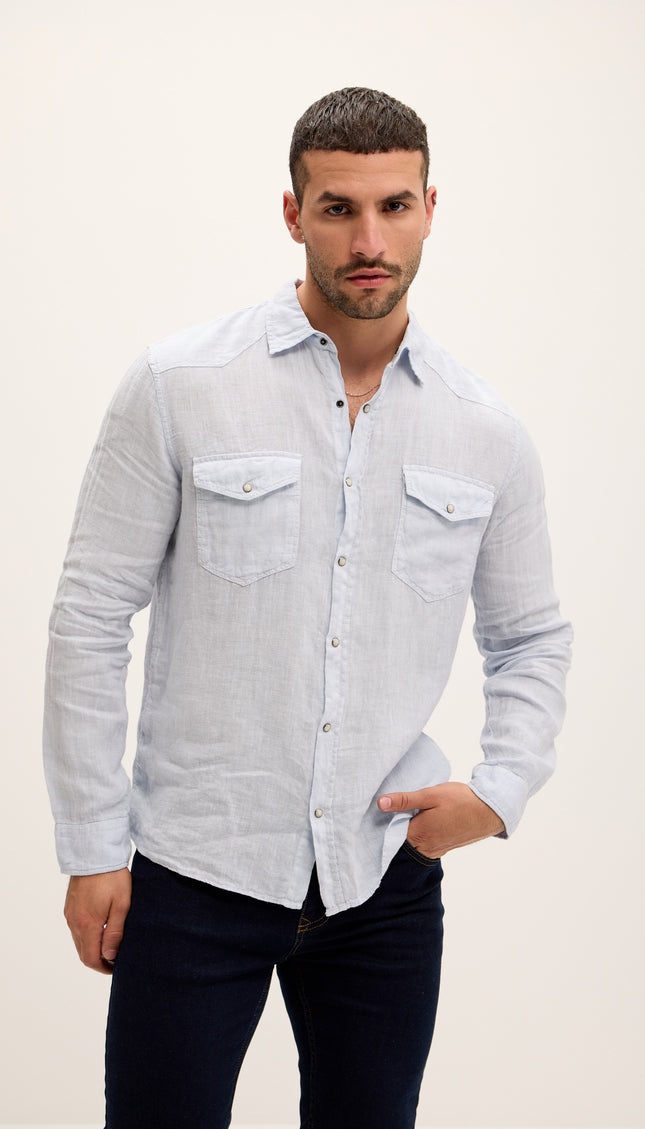 Chemise western en lin à boutons-pression - Bleue
