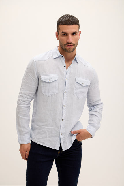 Men's Fitted Western Linen Shirt - Blue | Ron Tomson