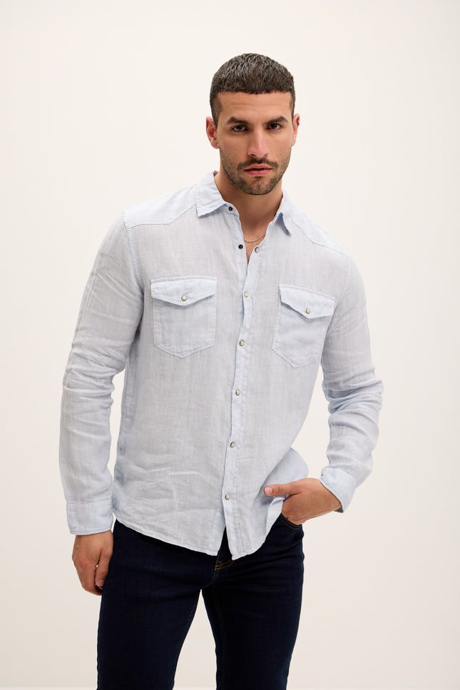 Fitted Western Linen Shirt - Blue