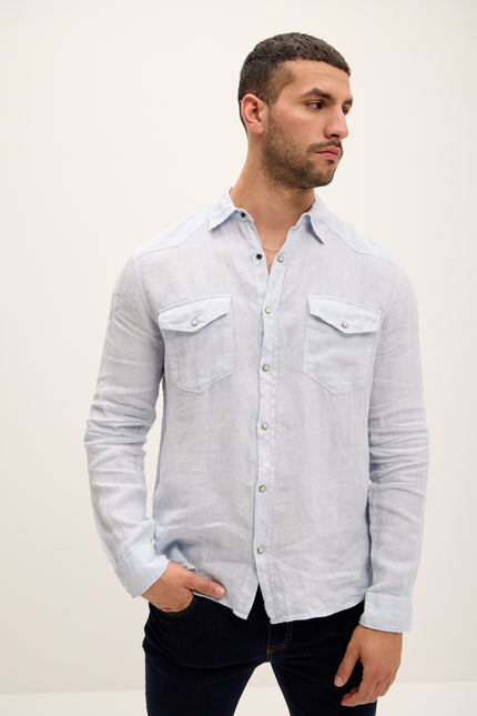 Men's Fitted Western Linen Shirt - Blue | Ron Tomson