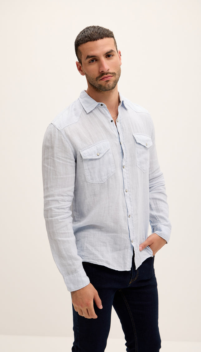 Chemise western en lin à boutons-pression - Bleue