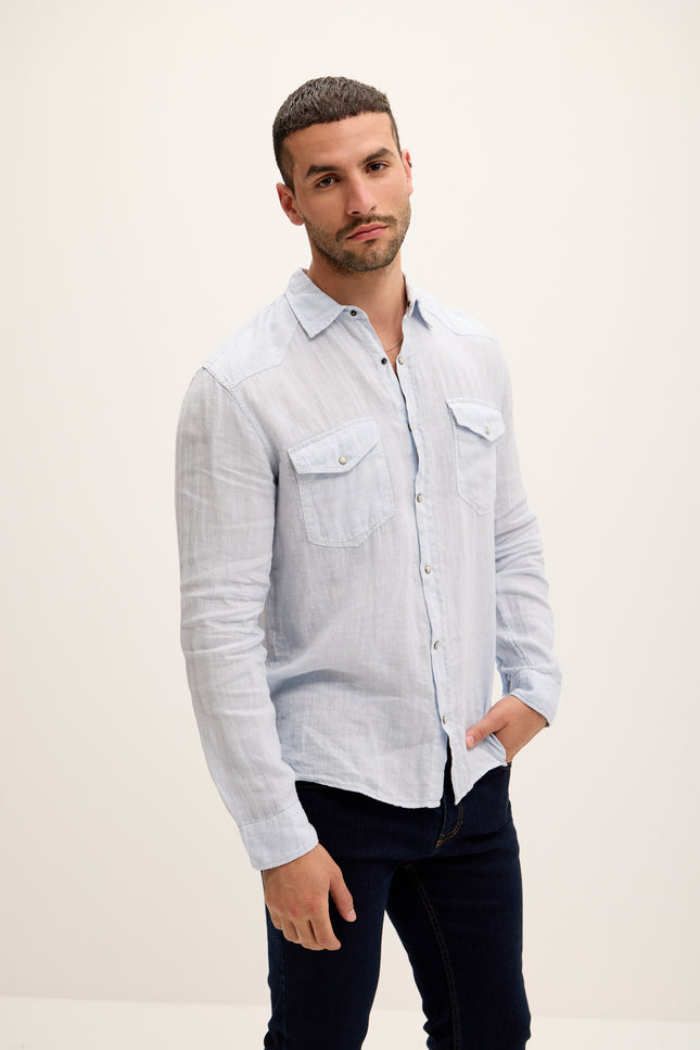 Fitted Western Linen Shirt - Blue