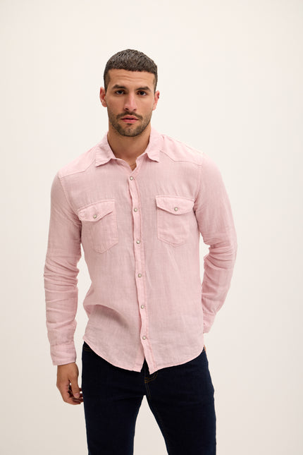 Men's Fitted Snap Western Linen Shirt - Pink | Ron Tomson