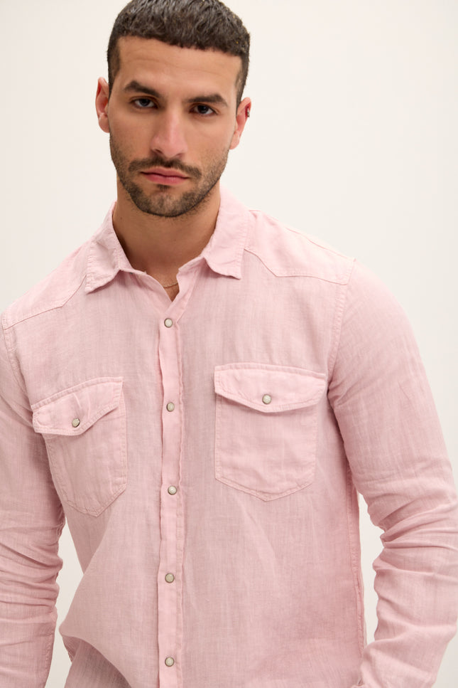 Fitted Snap Western Linen Shirt - Pink