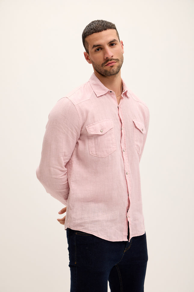 Fitted Snap Western Linen Shirt - Pink