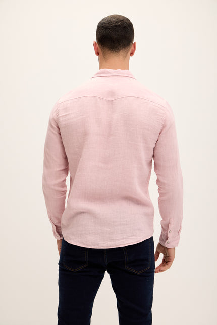 Men's Fitted Snap Western Linen Shirt - Pink | Ron Tomson