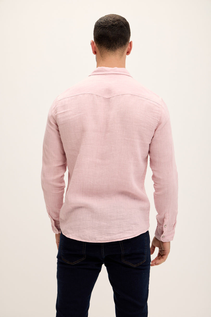 Men's Fitted Snap Western Linen Shirt - Pink | Ron Tomson
