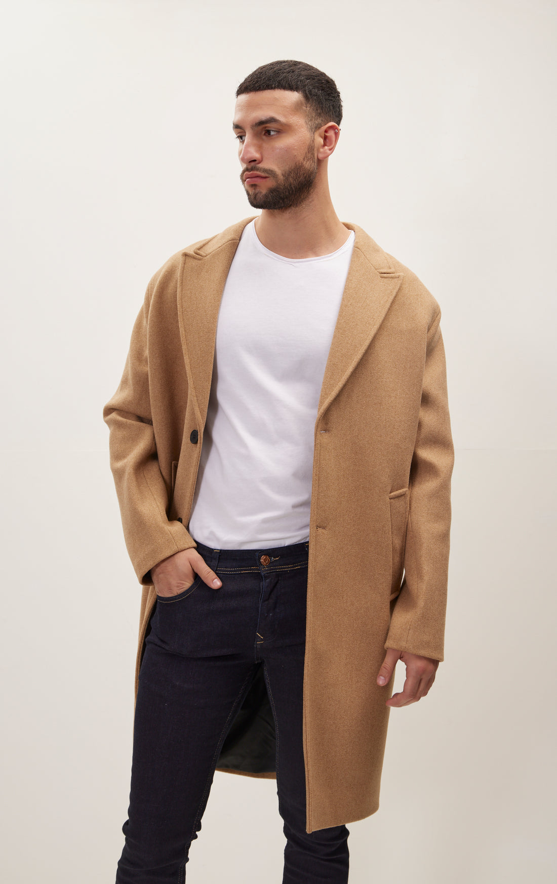 Long Fitted Pea Coat With Notch Lapel - Camel