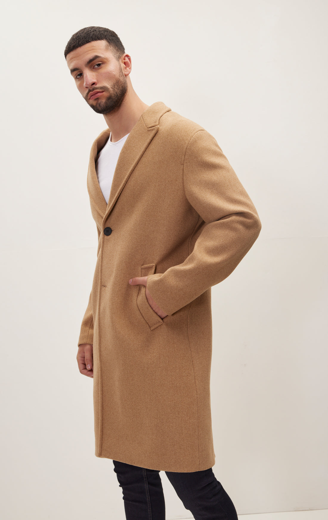 Long Fitted Pea Coat With Notch Lapel - Camel