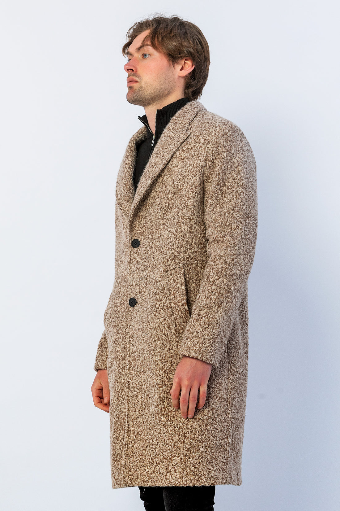 Long Fitted Boucle Pea Coat With Notch Lapel - Brown