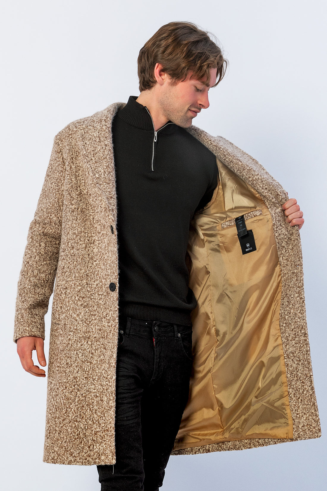 Long Fitted Boucle Pea Coat With Notch Lapel - Brown