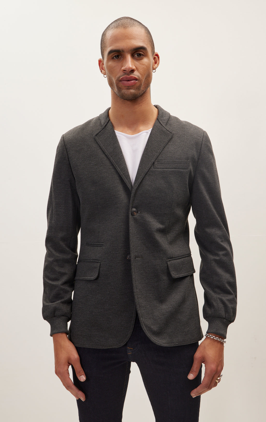Elastic Cuff And Neck Detail Fitted Blazer - Anthracite