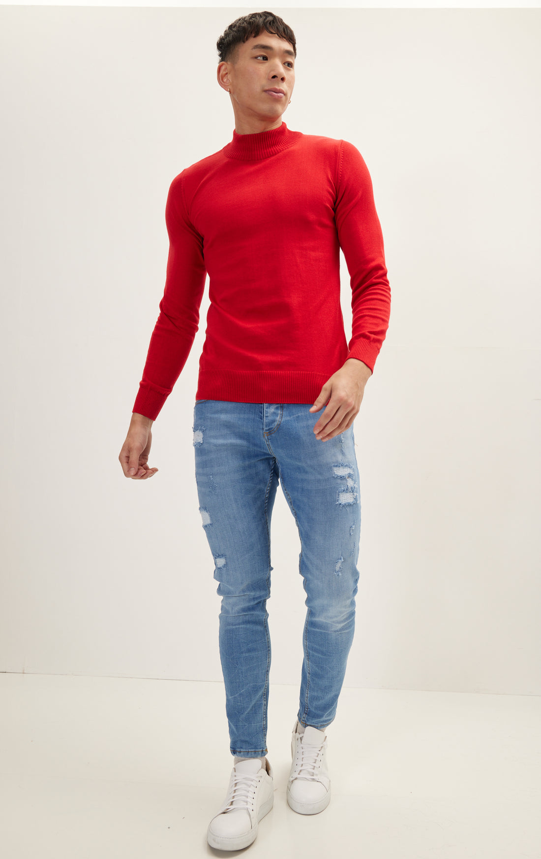 Mock Neck Relaxed Sweater- Red