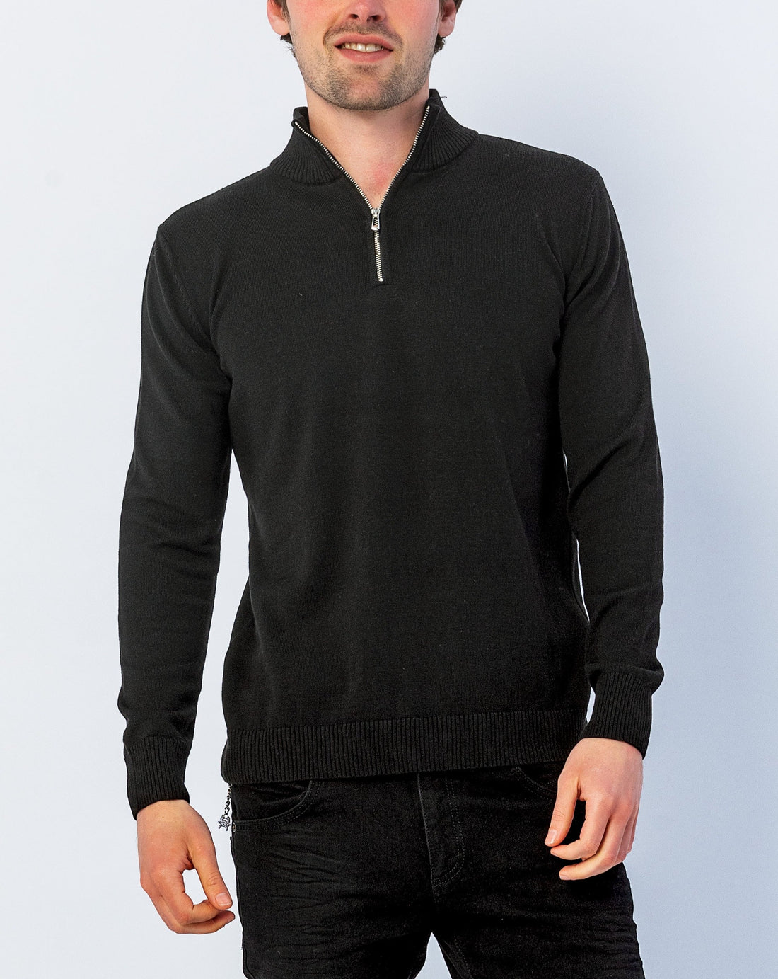 Quarter Zipper Mock Neck Ribbed Sweater - Black