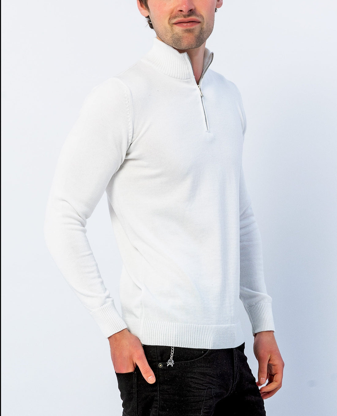 Quarter Zipper Mock Neck Ribbed Sweater - Off White