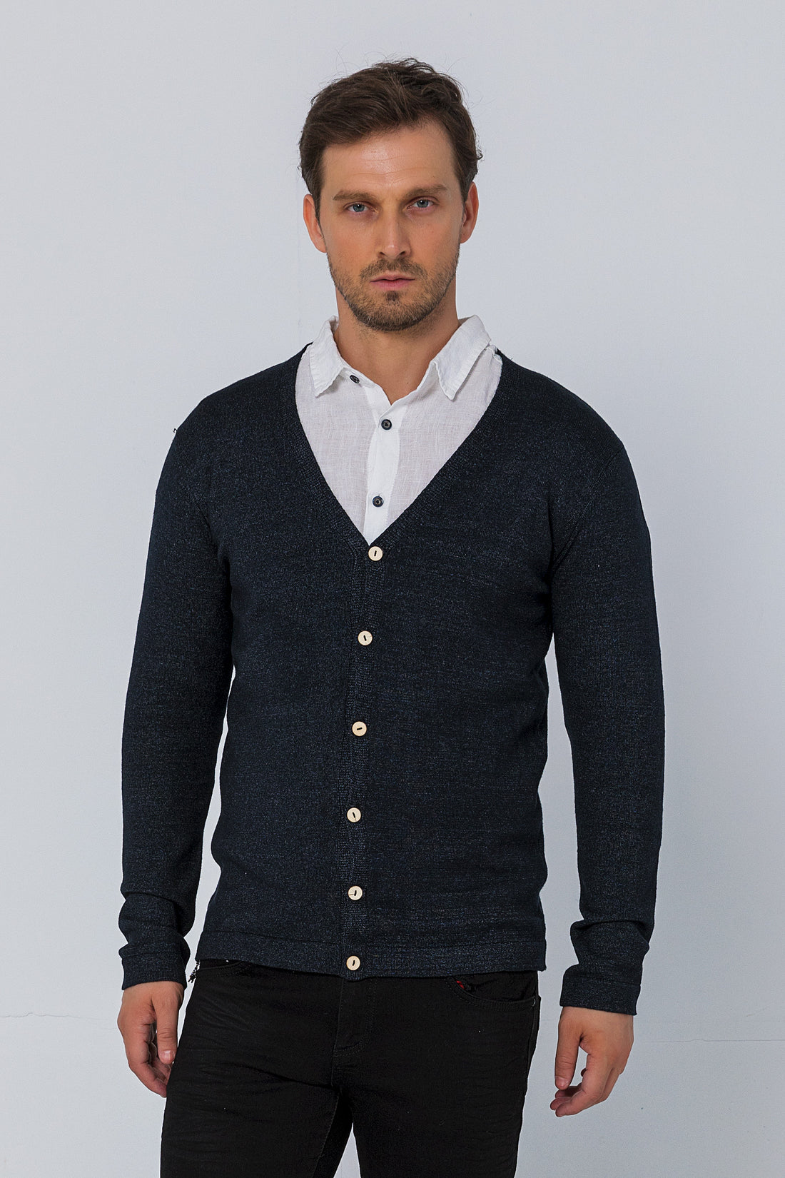 Classic V-neck Button Front Knit Shirt - Anthracite