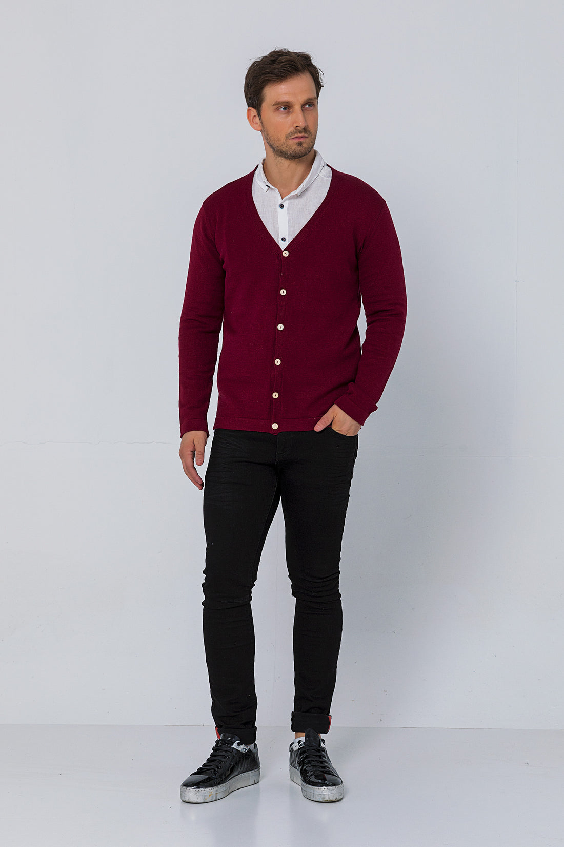 Classic V-neck Button Front Knit Shirt - Burgundy