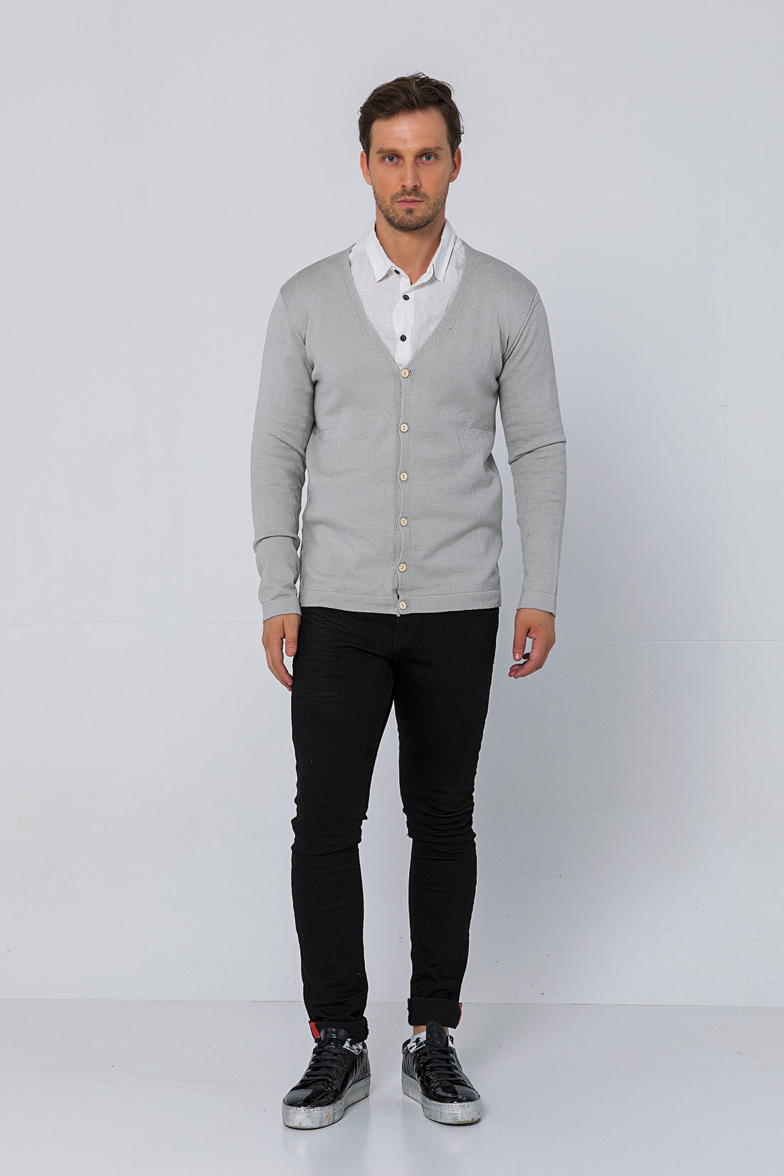 Classic V-neck Button Front Knit Shirt - Grey
