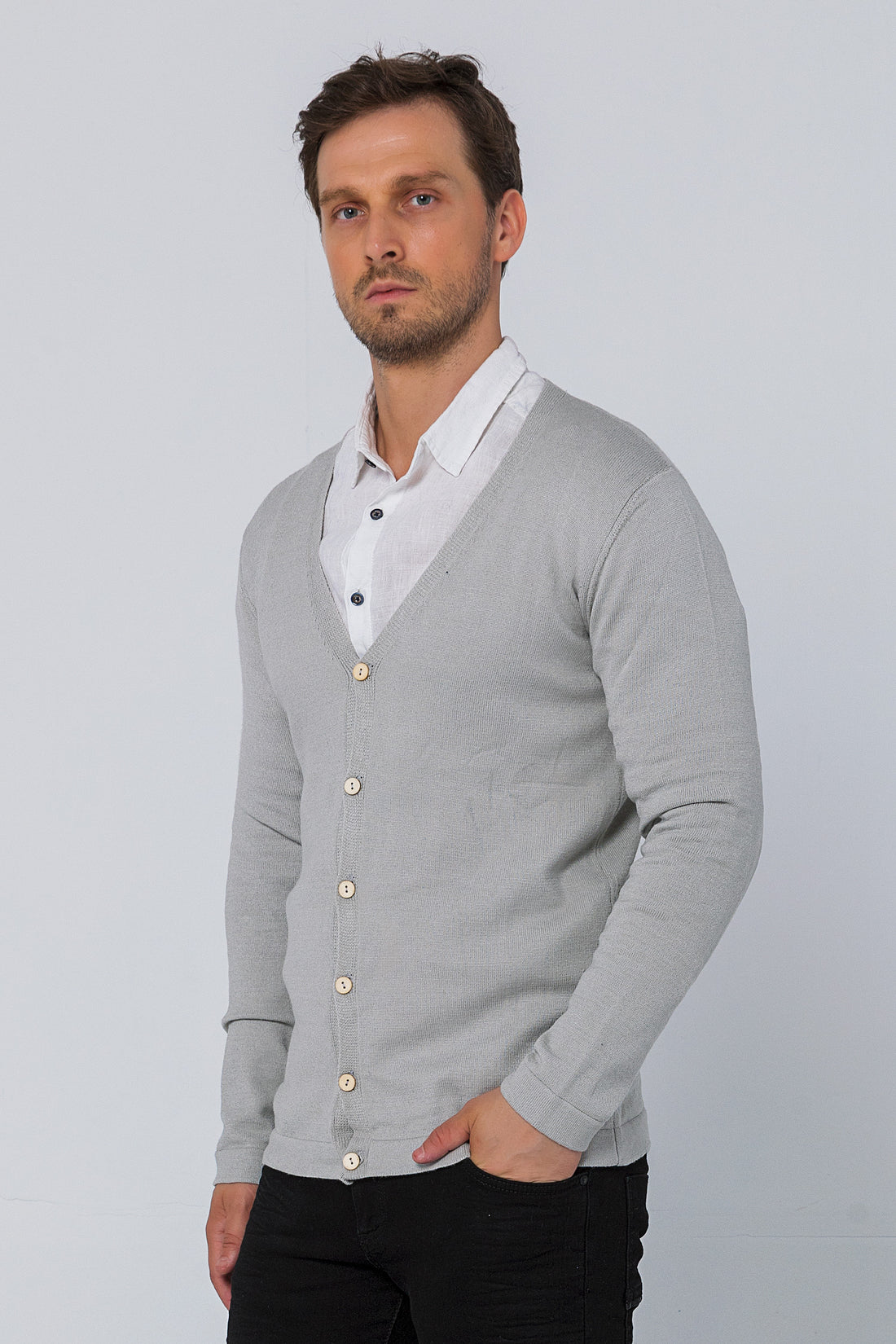 Classic V-neck Button Front Knit Shirt - Grey