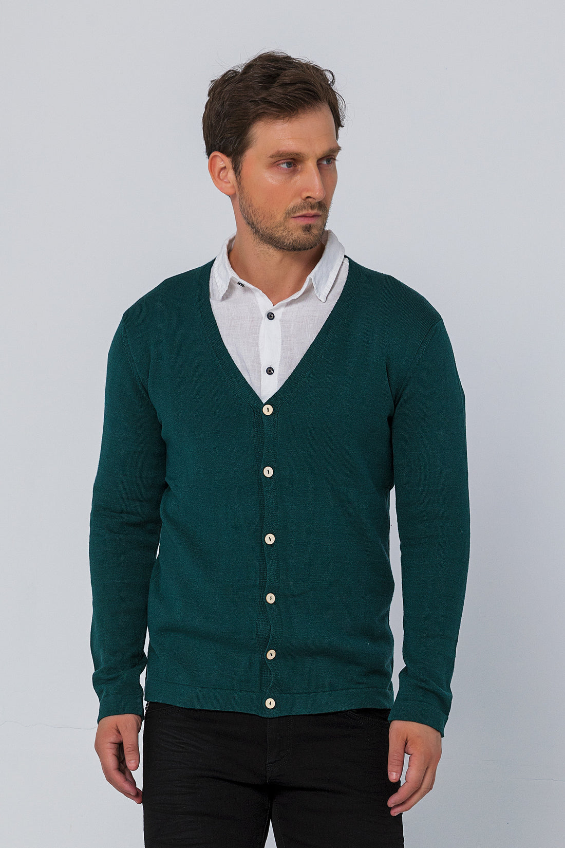 Classic V-neck Button Front Knit Shirt - Green